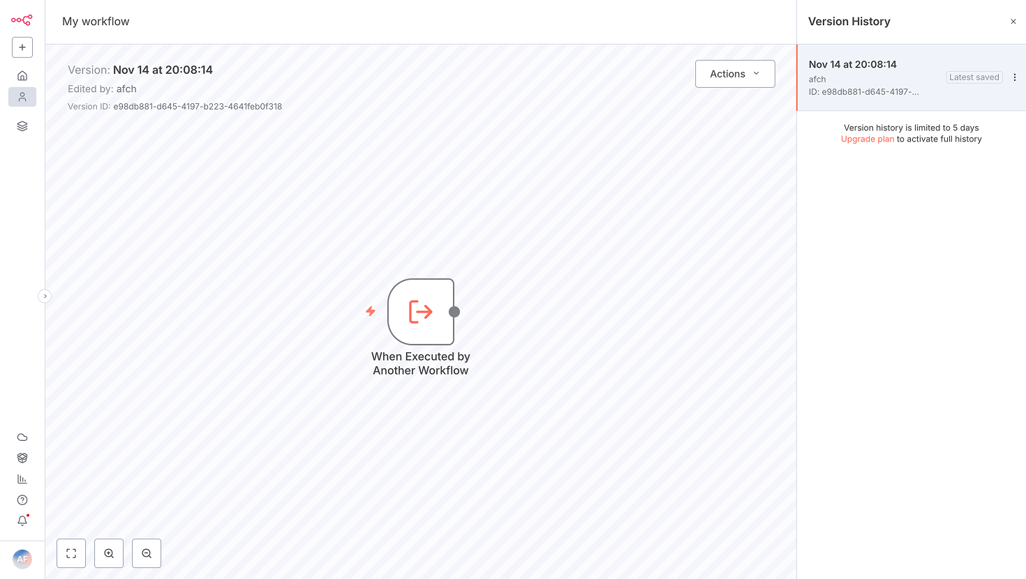 n8n workflow version history panel